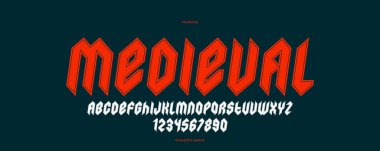 Keskin ve kalın vektör logo, gotik veya ağır metal tarzı modern yazı tipi, keskin sert rock harfleri ve başlıklar veya sloganlar için rakamlar alfabesi, ağır tipografi için italik yazı tipi.