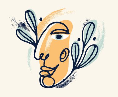 Soyut kadın vektör çizimi, modern moda kadın portresi, el çizimi sürreal güzellik, minimal sanat tasarımı, insan kafası..