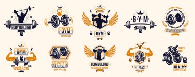 Spor spor amblemleri ve logo vektörleri halterlerle izole edilmiş halterler, dambıllar ve kas yığını siluetler ve eller, atletizm spor kulübü, aktif yaşam tarzı..