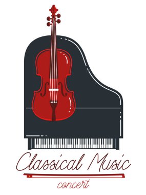Klasik müzik amblemi veya logo vektörü düz stil illüstrasyonu izole edilmiş, plak şirketi veya müzik orkestrası için büyük piyano ve çello logosu.