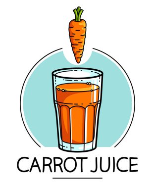 Beyaz arka plan vektör illüstrasyonuna izole edilmiş havuç suyu, saf taze meyve suyu için çizgi film tarzı logo veya rozet, diyet yiyecek içeceği lezzetli ve sağlıklı. 