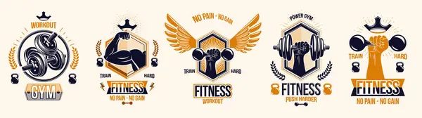 Gym Fitness Sport Emblems Logos Vector Set Isolated Barbells Dumbbells — Stock Vector