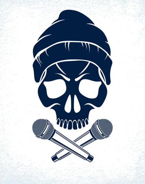 Logo Étiquette Vectoriel Musique Hip Hop Avec Crâne Méchant Deux — Image vectorielle