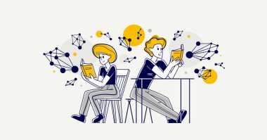 Scientists working on some science inquiry research or invention, discovering molecules and learning education, vector outline illustration, laboratory.