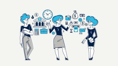 Busy business team working on some commercial project vector outline illustration, entrepreneurs analyzing financial data, teamwork.