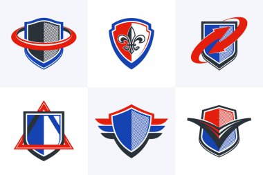 Classic shields shapes set with different additional elements vector symbols set, defense and safety icons, ammo emblems collection.