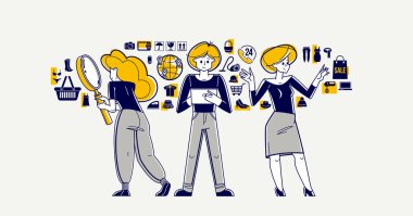 Online shopping and discount vector outline illustration, store workers team managing goods or customers have a big choice and enjoying cheap prices, advisers and consultants
