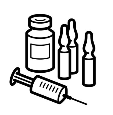 Şırınga ve ampule aşısı veya ilk yardım konsept vektör çizimi beyaz, virüse karşı aşı, panzehir ya da ağrı kesiciye izole edilmiş.