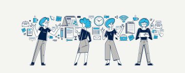 Team doing office work vector outline illustration, career in company for employees, teamwork business and paperwork, office workers.