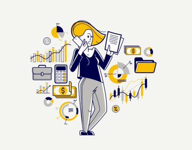 Finansal veri vektörü analizcisi illüstrasyon, yatırım ve bütçe sorunları, kadın finans danışmanı, yatırımcı.