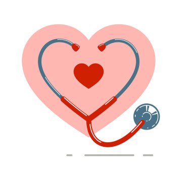 Kalp vektörü simgesine sahip stetoskop beyaz arkaplan, kardiyoloji teması illüstrasyon veya logo üzerinde izole edilmiş.