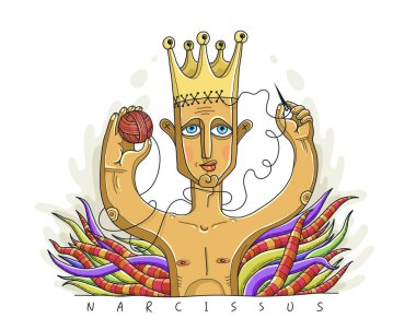 Narcissist man vector illustration, metaphor conceptual drawing of a young man wearing a crown symbolizing narcissism psychology disorder. clipart
