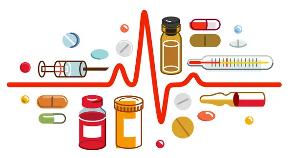 Heartbeat Cardiology Theme Medical Drugs Different Medicine Composition Vector Flat — Stock Vector