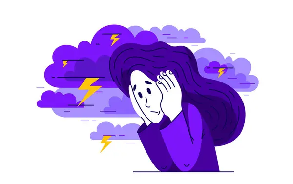 有压力或焦虑心理问题的年轻女人 有精神障碍或疲倦的压力女孩的矢量图解 头痛扁平的画图 图库插图