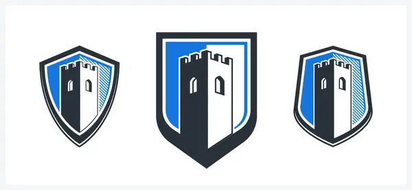 Щит Вежею Оборонної Фортеці Всередині Векторного Символу Логотип Концепції Цитаделі Векторна Графіка