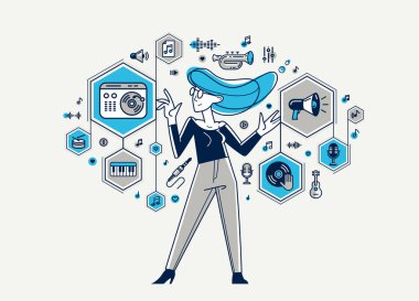 Music producer composing new track vector outline illustration, sound engineer doing his job in recording studio, composer creating audio mix.