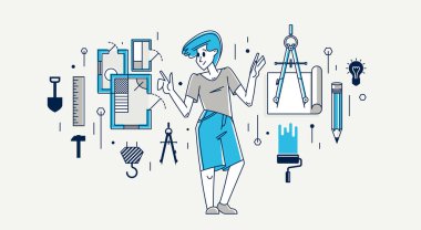 Construction engineer working on a project, building architecture designer vector outline trendy illustration, professional in a work line drawing. Occupation builder architect.