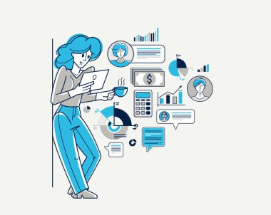 Busy business woman working on some commercial project online vector outline illustration, entrepreneur analyzing virtual financial data, e-business.