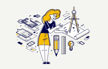 Construction engineer working on a project, building architecture designer vector outline trendy illustration, professional in a work line drawing. Occupation builder architect.