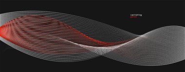Soyut arkaplan vektör illüstrasyonu, eğri çizgileri ile hareket eden kırmızı ve siyah noktalar, izole parçacık akışı dalgası, tek renkli siyah ve beyaz illüstrasyon.