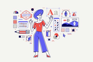 Graphic designer doing some creative job using computer software, digital visual artist working on a project vector outline illustration, composing and editing.