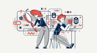 Young people reading books searching for information, learn science, self-education, fiction literature, inquire and analysis, vector outline illustration.