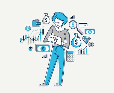 Çevrimiçi vektör özeti illüstrasyon, yatırım ve vergi ve bütçe yönetimini İnternet üzerinden veya cep telefonuyla finanse eden finansör, fon yönetimi.