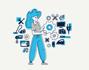 Woman technician engineer repairing household appliances, repairman service vector outline illustration, engineer fixing and upgrading different technics.