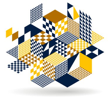 Siyah ve sarı geometrik vektör küpler ve şekillerle soyut arka plan, şehir binalarının şekillerini gösteren izometrik üç boyutlu soyutlama sanatı, op sanat optik illüzyonu gibi görünüyor.