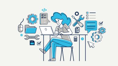 Technician computer engineer woman repairing pc vector outline illustration, fixing system work with software and hardware, system administrator.