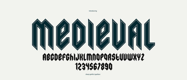 Резкий и смелый готический шрифт для создания логотипа для заголовков, острый геометрический современный векторный шрифт, хэви-метал и хард-рок стиль алфавит с цифрами.