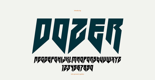 Резкий и смелый готический шрифт для создания логотипа для заголовков, острый геометрический современный векторный курсив, хэви-метал и хард-рок стиль алфавит с цифрами.