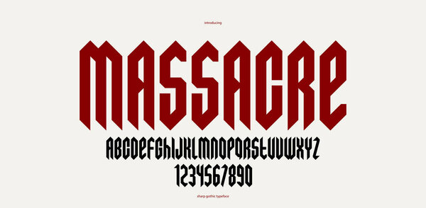 Резкий и смелый готический шрифт для создания логотипа для заголовков, острый геометрический современный векторный конденсированный шрифт, хэви-метал и хард-рок стиль алфавит с цифрами.