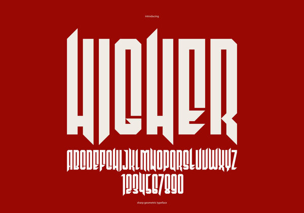 Резкий и смелый готический шрифт для создания логотипа для заголовков, острый геометрический современный векторный конденсированный шрифт, хэви-метал и хард-рок стиль алфавит с цифрами.