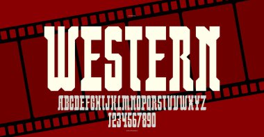 Vahşi Batı Amerika tarzı geometrik devasa uzun ve kalın yazı tipi logolar için, batı serif harfleri alfabe, yoğunlaştırılmış yazı karakteri aranıyor posterlerindeki gibi..
