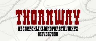 Amblemler ve logolar için dikenli korku gotik kaya yazı tipi, başlıklar ve başlıklar için tehlikeli kara diken yazı tipi, dikenli kalın serif tipografi harfleri.