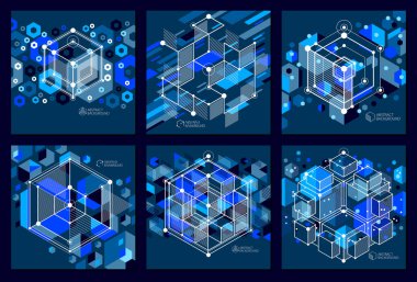 İzometrik içinde oluşturulan ayarla vektör mavi siyah arka çizgileri stili kafes. Mekanik düzeni, vektör çizim küp ve mekanizma parçaları ile mühendislik. Tasarımlarınız için mükemmel arka plan