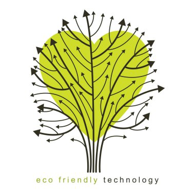 Sevgi dolu kalp şeklindeki dijital ağacın çizgiler örgü ve okları dal olarak kullanan sanat vektör çizimi. Doğa kaynakları teknoloji kavramı.