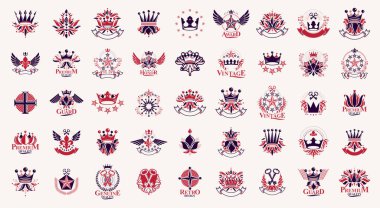 Heraldic Coat of Arms with crowns vector big set, vintage antique heraldic badges and awards collection, symbols in classic style design elements, family or business logos. clipart