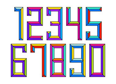 Seviye efektli çocuk yapıcı en küçük kare yazı tipi, oyuncak eğimli stil, çok renkli geometrik tipografi ile harfler ve rakamlar alfabesi.