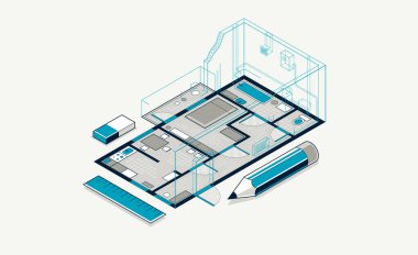 Kalem, düz plan konut veya apartman planı, 3D izometrik vektör çizimi, iç tasarım projesi üst görünümü olan kat planı uygulaması.