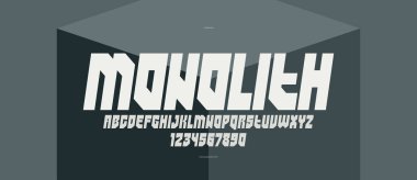 Logolar ve amblemler için geometrik kalın ve güçlü vektör yazı tipi, posterler ve reklamlar için ağır harfler, devasa vahşi ve kentsel harflerle yazı karakteri, italik sürümü.