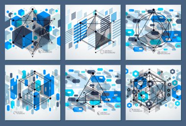 Modern izometrik vektör mavi arka ile geometrik öğe ayarlayın. Küpleri, altıgenler, kareler, dikdörtgenler ve farklı soyut öğeler düzenini. 