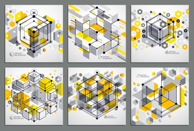 Geometrik teknoloji sarı çizimler seti, 3 boyutlu teknik duvar kağıdı. Mühendislik sisteminin tasviri, soyut teknolojik zemin. Soyut teknik arkaplan.