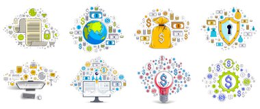 Farklı işletme parası ve finans kavramları vektör illüstrasyonları seti, modaya uygun tasarım çizimleri ticari tema koleksiyonu, birçok simge ve sembol dahil olmak üzere ayrı olarak kullanılabilir, elementler ayrı olarak kullanılabilir.