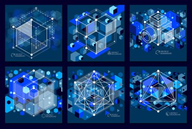 İzometrik koyu mavi arka ayarla doğrusal boyutlu küp şekillerle 3d mesh elemanları vektör. Küpleri, Altıgenler, kareler, dikdörtgenler ve farklı soyut öğeler düzenini. 