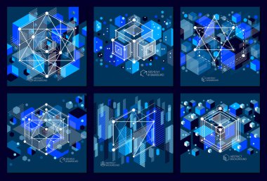 Trendy geometrik vektör desenleri seti, dokulu soyut küp örgü mavi siyah arka plan. Grafik ve web tasarımında kullanılmak üzere teknik plan, özet mühendislik taslağı.