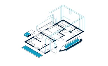 Kalem, düz plan konut veya apartman planı, 3D izometrik vektör çizimi, iç tasarım projesi üst görünümü olan kat planı uygulaması.