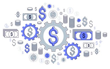 Ekonomi sistemi ve iş konsepti, dolar işaretleri ve ikon setli dişliler ve dişliler mekanizması, sistematik iş ve finans faaliyetlerinin kinayeli tasarımı, vektör illüstrasyonu.