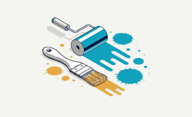 Boyama duvarları servis içsel vektörü 3D izometrik illüstrasyon, mesleki yenileme, konut yenileme, daire veya ev dekorasyonu.